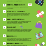 An infographic with a text on what you should take on your trip on a safari: A lightweight, windproof top, soft brad-brimmed hat, two pairs of shoes, mosquito repellent, binoculars, flashlight, small soft sided bag, zero waste toiletries, first aid kit, medical kit
