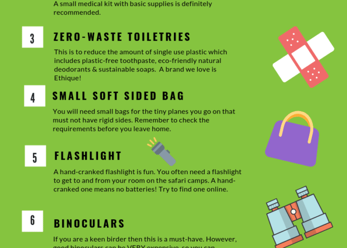 An infographic with a text on what you should take on your trip on a safari: A lightweight, windproof top, soft brad-brimmed hat, two pairs of shoes, mosquito repellent, binoculars, flashlight, small soft sided bag, zero waste toiletries, first aid kit, medical kit