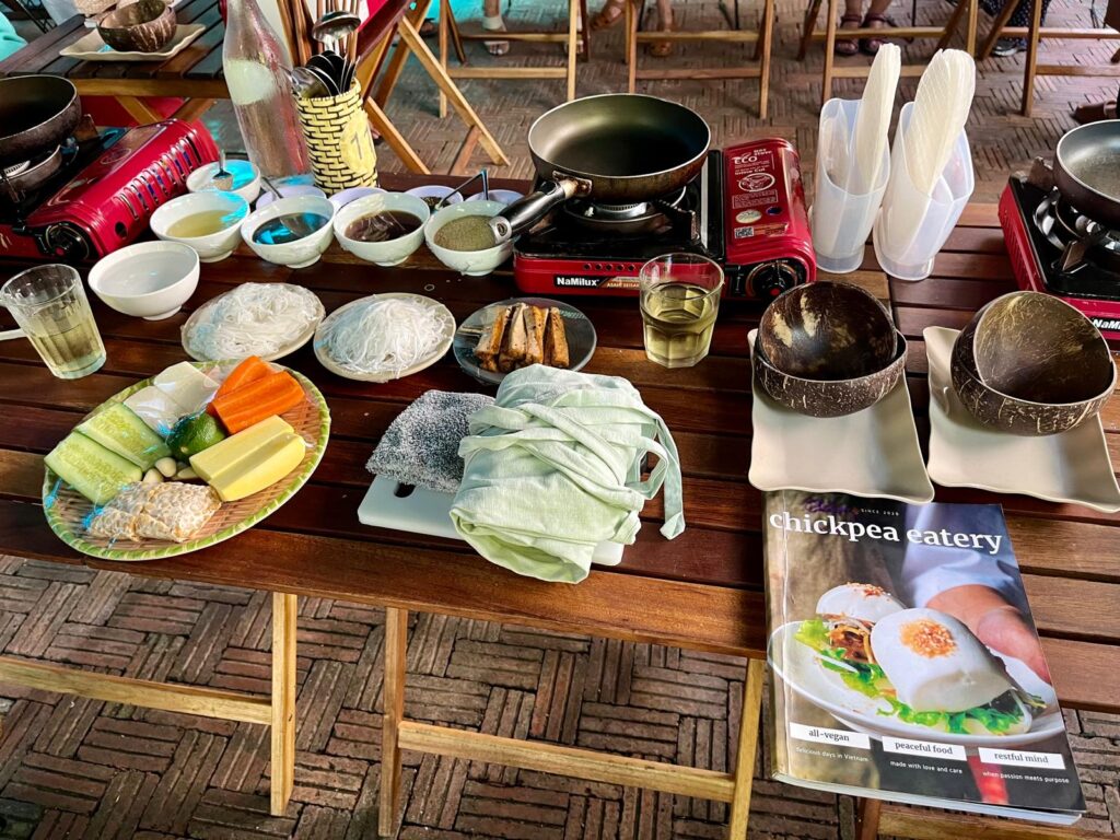 cooking class set up at chickpea eatery vegan restaurant in hoi an
