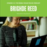 Woman with headphones and microphone and laptop with the text EPisode # 0 THe World VEgan Travel Podcast Brighde Reed, Welcome to the Podcast