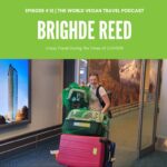 Woman with backpack with two cat carrying cases and two suitcases arriving at airport with the text Episod3 15 The World Vegan Travel Podcast Brighde Reed Crazy Travel During the times of COVID19
