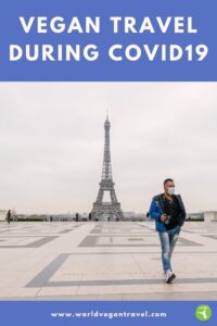 blog vegan travel during covid19. Man with a facemask with the Eiffel Tour in the background