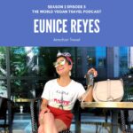 A woman sitting outside at a table with coffee. Text: S2 Ep 5 | Armchair Travel | Eunice Reyes Rated V Food