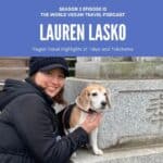 Woman with her dog. TExt: THe World Vegan Travel podcast TRaveling a s vegan in Japan