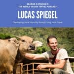 A man petting a cow: Text Lucas Spiegal The World Vegan Travel Podcast