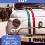 Text: Handy Italian Language Guide for Vegan Travelers to Italy with a photo of a small fit with red and green stripes.