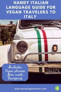 Text: Handy Italian Language Guide for Vegan Travelers to Italy with a photo of a small fit with red and green stripes.