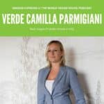 Woman wearing grey jacket with the text Season 3 episode 5 The World Vegan Travel Podcast Verde Camilla Parmigiani Best Vegan-Friendly Hotels in Italy