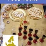 Text: Best Vegan City Food Tours and www.worldvegantravel.com The image shows lots of small slices of camembert cheese, red wine. There is also a map of Europe in the corner.