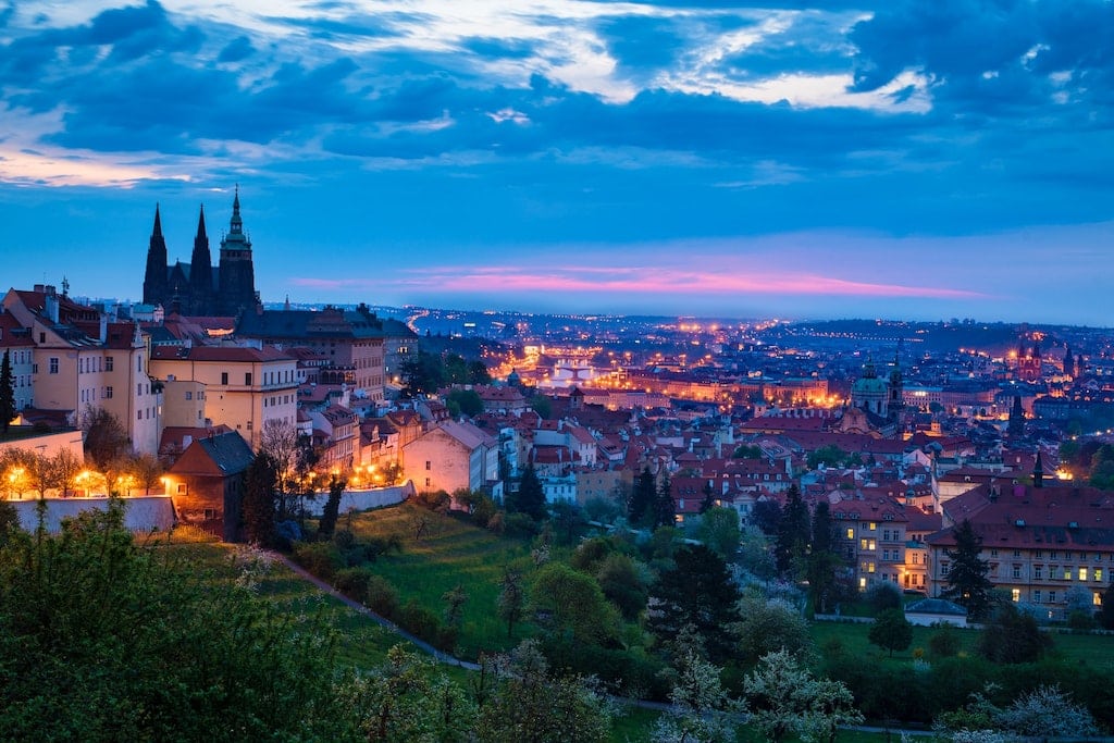 A view of Prague at dusk