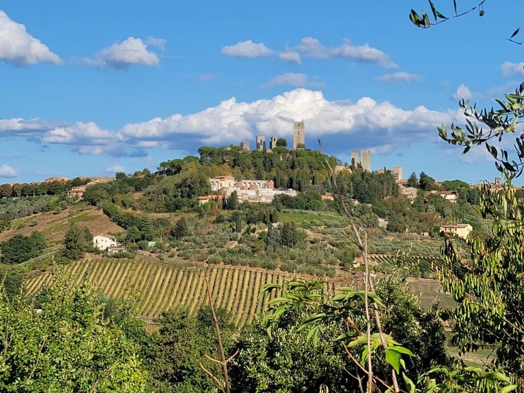World Vegan Travel vegan hotels in Italy A view of the San Gimangano with vineyards in the foreground