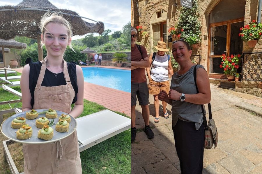 Vegan Tuscany group tour travelers enjoying food and exploring village