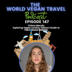 A girl with brown curly hair is looking into the camera ; Exploring Vegan London: An Insider’s Guide with Chiara | Ep 147
