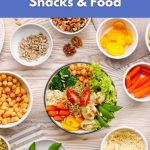 Colorful vegan snacks and fresh veggies in bowls with text overlay “4 Eco-Friendly Travel Hacks for Snacks & Food” – World Vegan Travel.