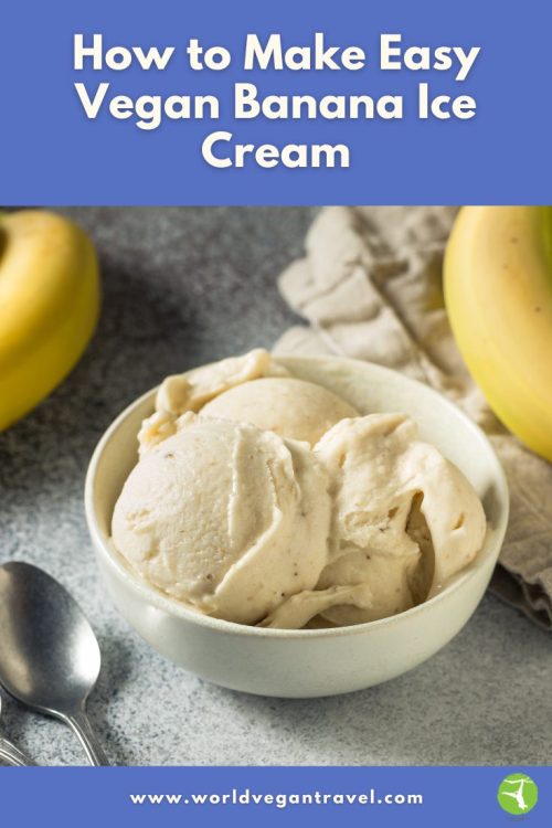 A bowl of creamy vegan banana ice cream made from frozen bananas, shown with spoons and fresh bananas.