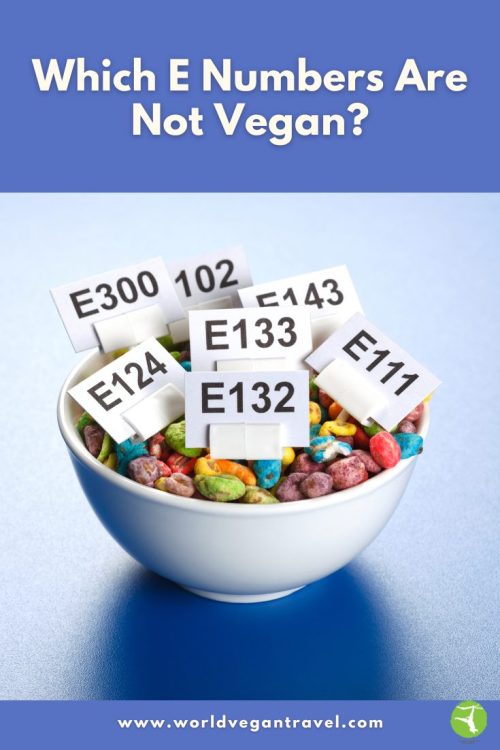 Bowl of colorful cereal with labels showing different E numbers