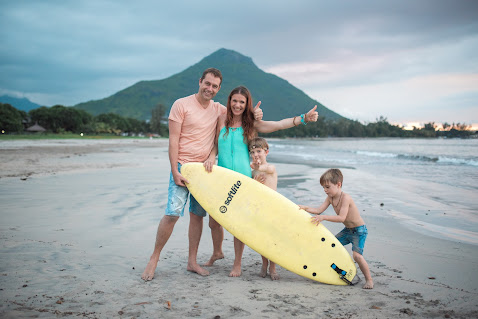 World Vegan Travel_Mauritius surf board with Heather and family