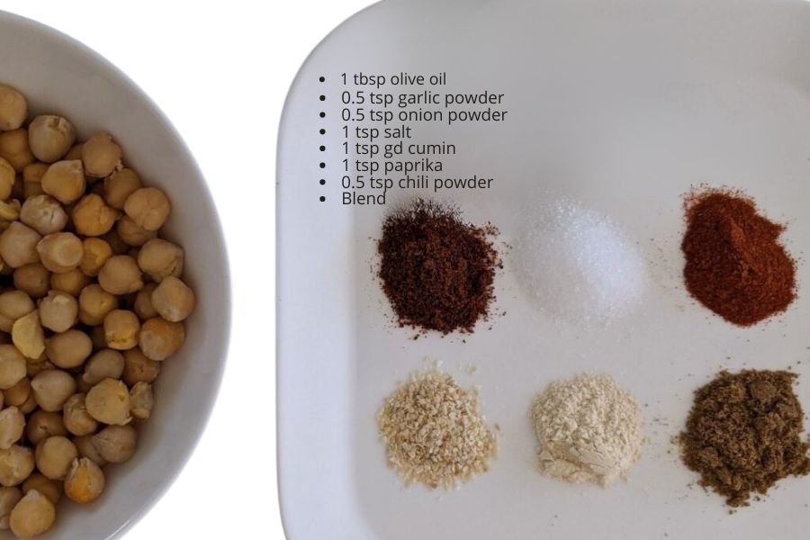 Chickpeas and spices laid out on a plate showing the ingredients for crunchy garbanzo beans.