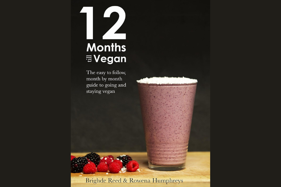 Cover of the 12 Months Till Vegan book showing a purple smoothie and berries on a wooden table