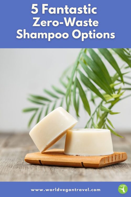 Zero-waste vegan shampoo bars on a wooden tray, featured in World Vegan Travel’s guide to eco-friendly shampoo options