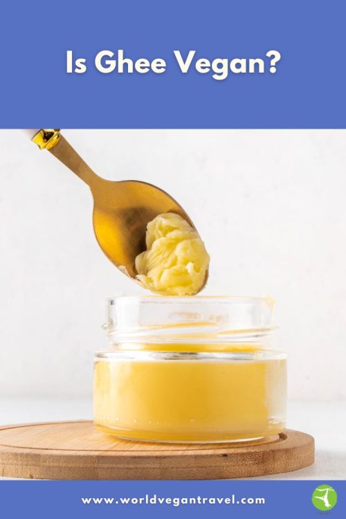 Glass jar of ghee with a spoon lifting a scoop, used for explaining whether ghee is vegan.