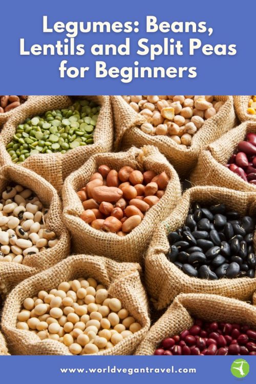 Different types of dried beans, lentils, and split peas displayed in burlap bags.