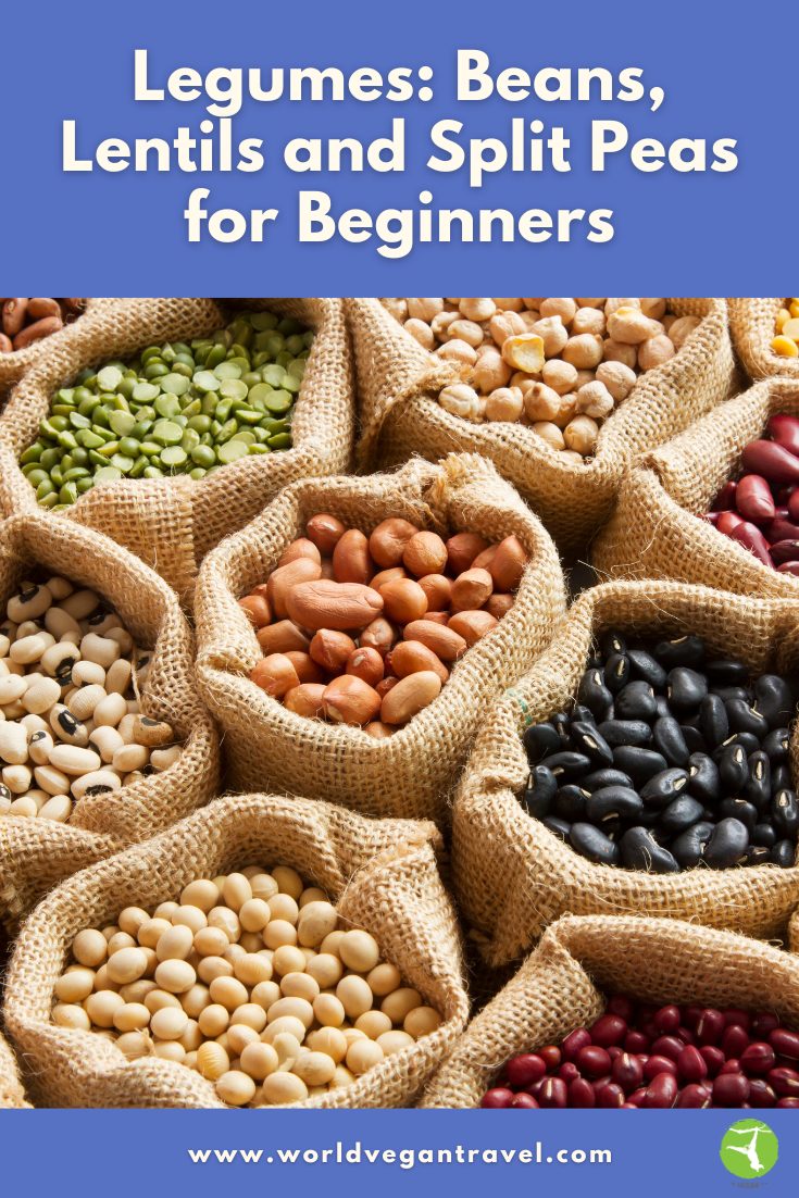 Legumes: Beans, Lentils and Split Peas for Beginners | World Vegan Travel Different types of dried beans, lentils, and split peas displayed in burlap bags.