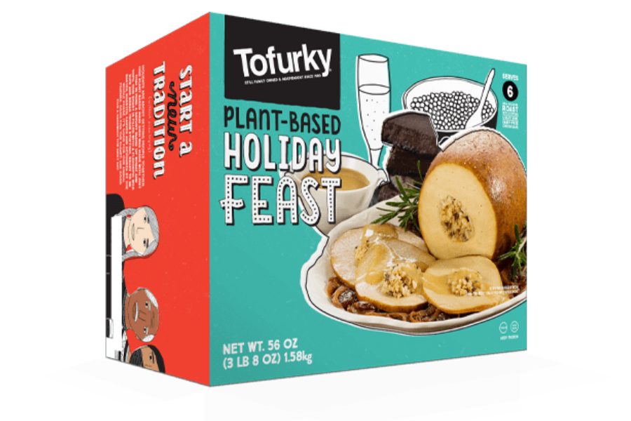 Tofurky Plant-Based Holiday Feast box showing vegan roast, gravy, and dessert.