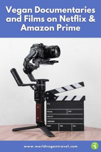 Camera and film clapperboard on a table, used to illustrate vegan documentaries available on Netflix and Amazon Prime.