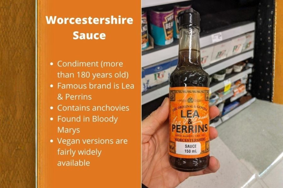 A bottle of Lea & Perrins Worcestershire sauce with a list of quick facts about the condiment.