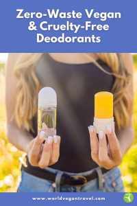 Woman holding two zero-waste vegan deodorants outdoors, showing a plastic-free lifestyle.