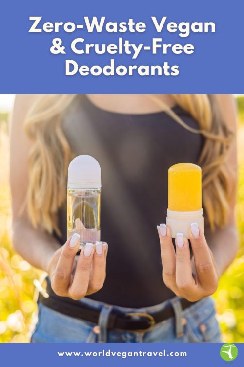 Woman holding two zero-waste vegan deodorants outdoors, showing a plastic-free lifestyle.