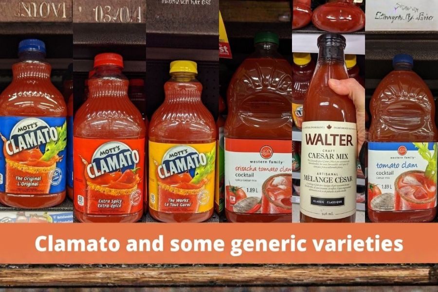 Bottles of Clamato and other generic Caesar mixes lined up on a grocery store shelf.