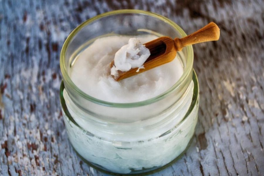 coconut oil Jar of coconut oil used in vegan feta recipes