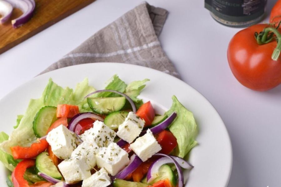 feta salad Traditional Greek salad topped with dairy feta cheese
