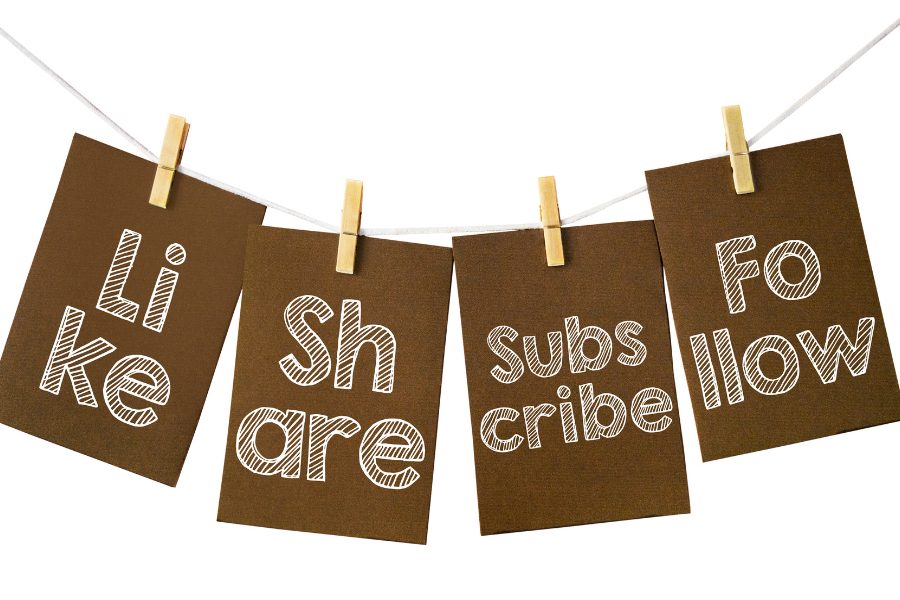Four cards saying like, share, subscribe, and follow.