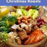 A colorful vegan holiday plate with tofu, sweet potatoes, quinoa, and vegetables — a festive plant-based meal for Thanksgiving or Christmas