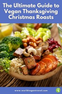 A colorful vegan holiday plate with tofu, sweet potatoes, quinoa, and vegetables — a festive plant-based meal for Thanksgiving or Christmas