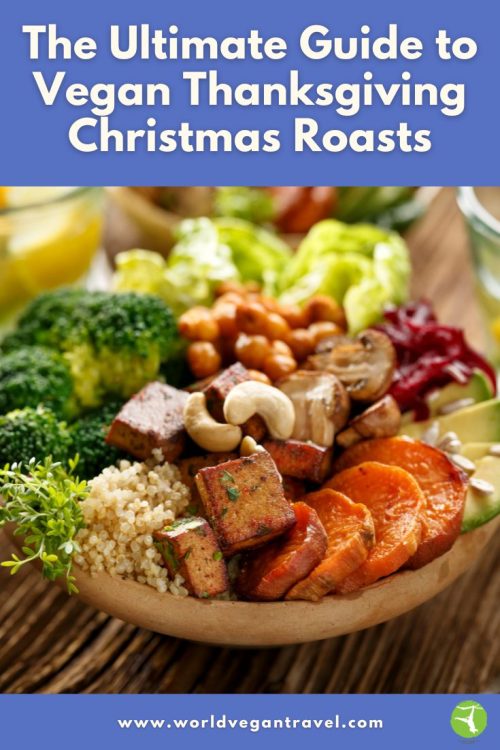 A colorful vegan holiday plate with tofu, sweet potatoes, quinoa, and vegetables — a festive plant-based meal for Thanksgiving or Christmas