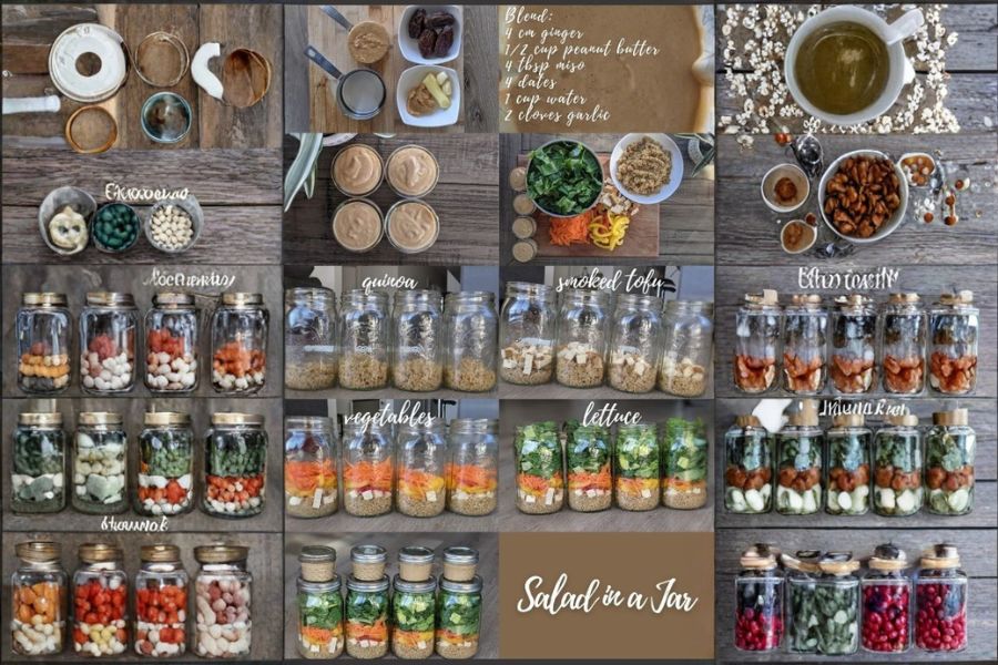 A collage of different vegan salad-in-a-jar ingredients and jars filled with colorful layered salads.