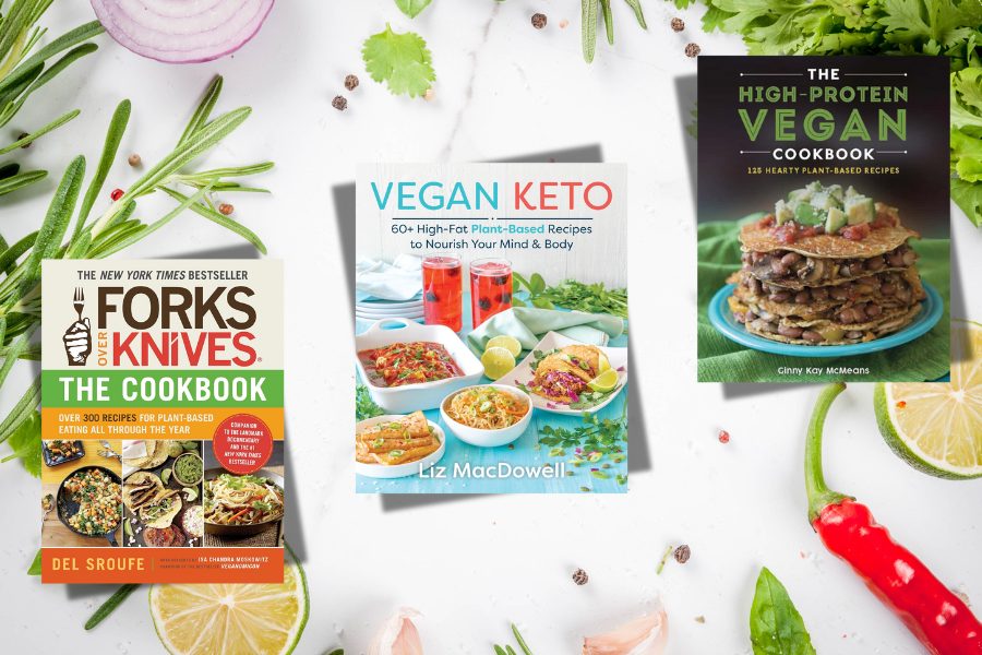 Three vegan cookbooks — Forks Over Knives, Vegan Keto, and The High-Protein Vegan Cookbook — shown on a bright food background with fresh vegetables.