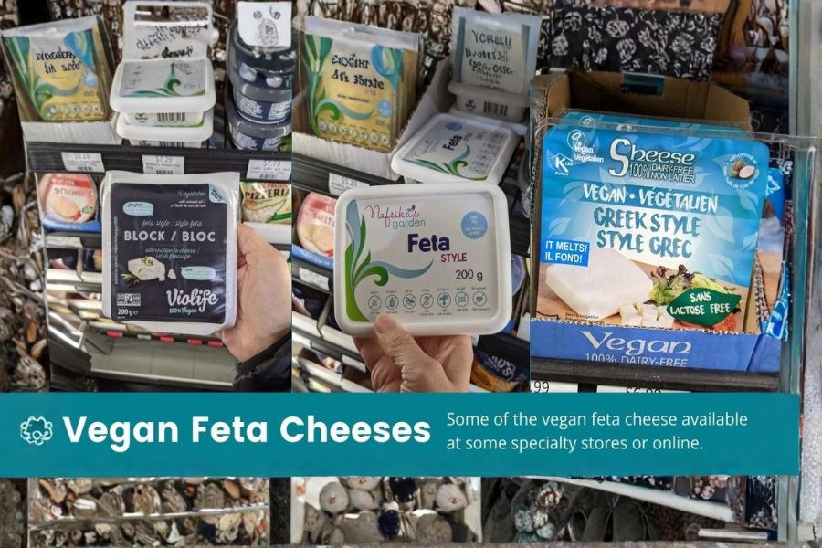 vegan feta cheese Selection of vegan feta cheese brands on store shelves