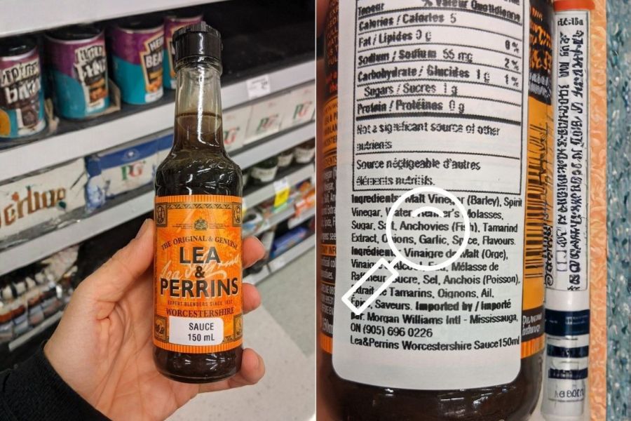 A bottle of Lea & Perrins Worcestershire sauce next to a close-up of the ingredient label showing anchovies.