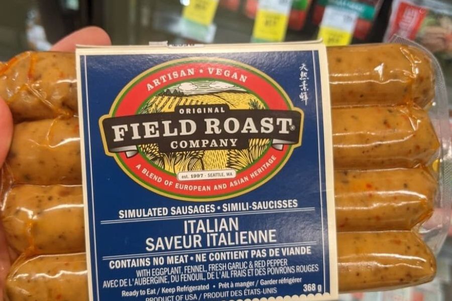 Package of vegan Italian sausages from Field Roast, an easy vegan choice found at most grocery stores.