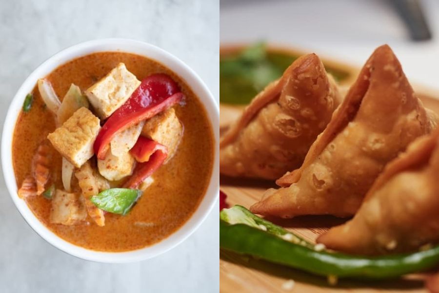 Bowl of Thai red curry with tofu and crispy Indian samosas on a plate — two easy vegan choices.