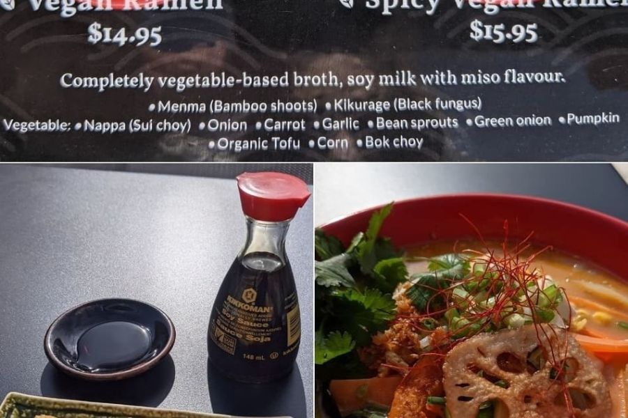 Menu and bowl of vegan ramen made with soy milk broth — a warm and comforting easy vegan choice.