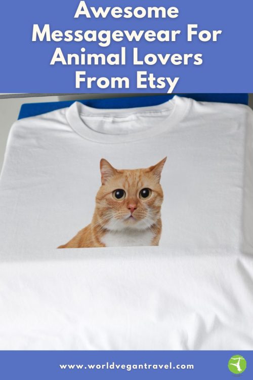 White T-shirt with a cute cat face design, part of a vegan messagewear gift guide from World Vegan Travel.