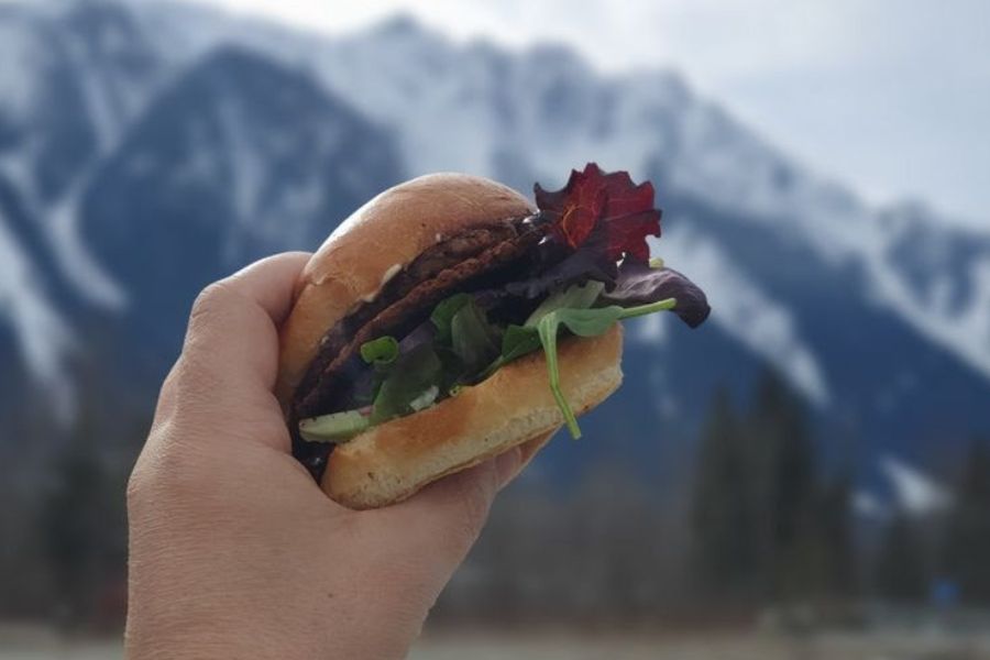 Hand holding a vegan burger with snowy Pemberton mountains in the background.