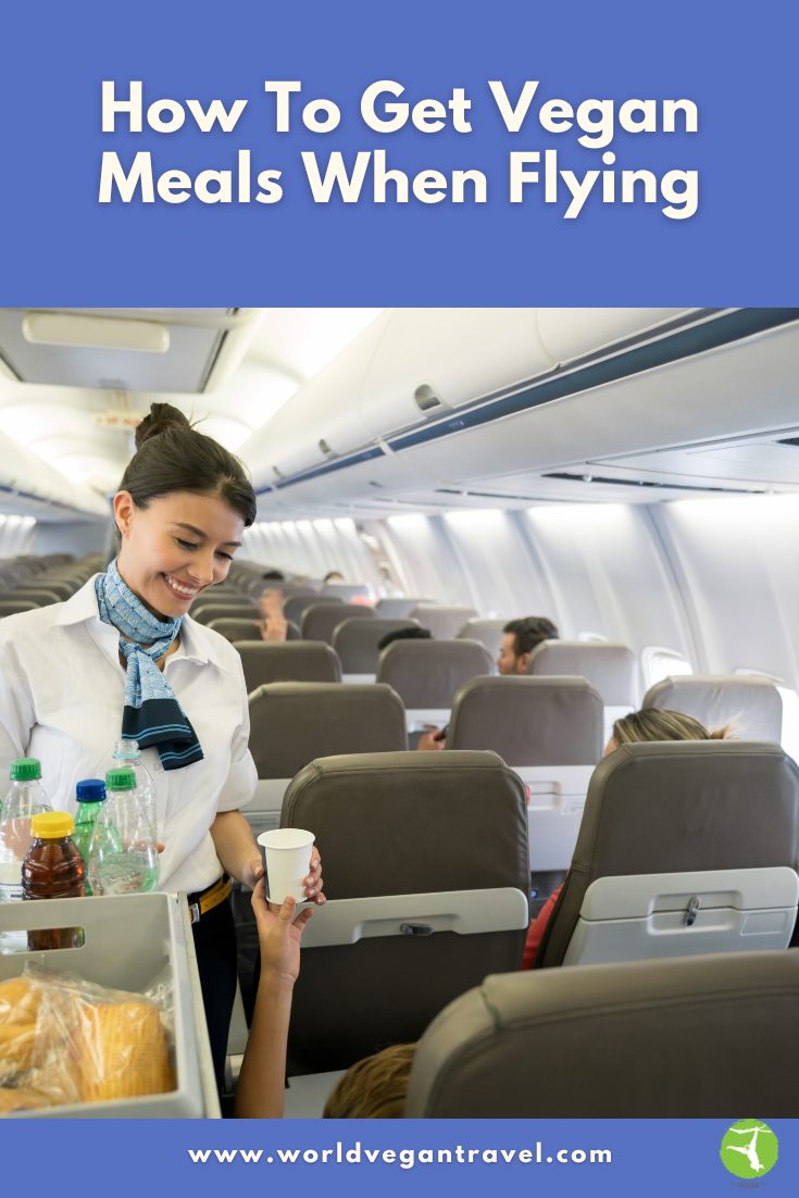 How To Get Vegan Meals When Flying | World Vegan Travel Flight attendant serving drinks on an airplane, showing what to expect when getting vegan meals when flying.