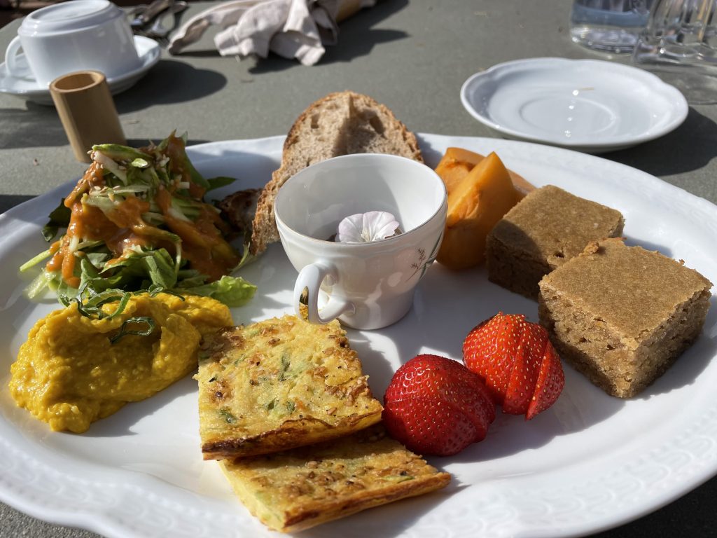 Colorful vegan breakfast plate with salad, bread, fruit, and savory bites
